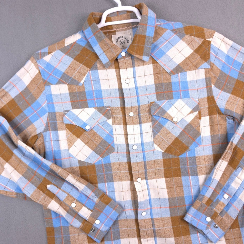 Dubinik Customized Version Brown Blue Plaid Pearl Snap Western Flannel Shirt